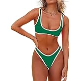 SherryDC Women's Sexy Scoop Neck Bikini Sets Color Block High Cut Thong Brazilian Two Pieces Swimsuit Bathing Suit