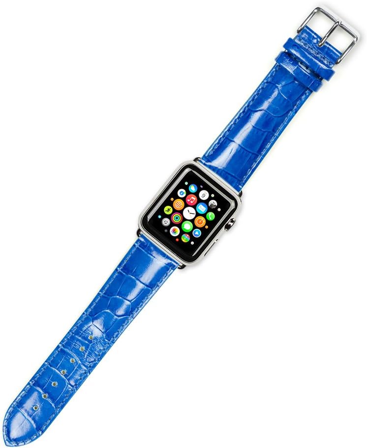 Debeer Replacement Watch Band - Crocodile Grain - Blue - Compatible with Apple 42mm & 44mm Series 1, 2, 3, 4, 5, and 6 Apple Watch [Silver Adapters]