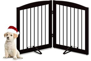 PUPETPO Freestanding Pet Gate for Dogs, Foldable Wooden Dog Gate for House, Indoor Pet Barrier for Stairs, Doorways, Support Feet Included, 24" Height 2 Panels, Brown