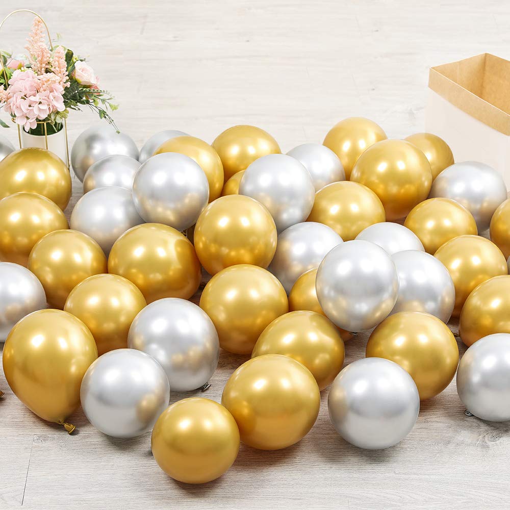 Photo 1 of 100pcs 5inch Tiny Gold Silver Chrome Metallic Latex Balloons for Birthday Party Bridal Baby Shower Engagement Wedding Party Decorations (Gold Silver)