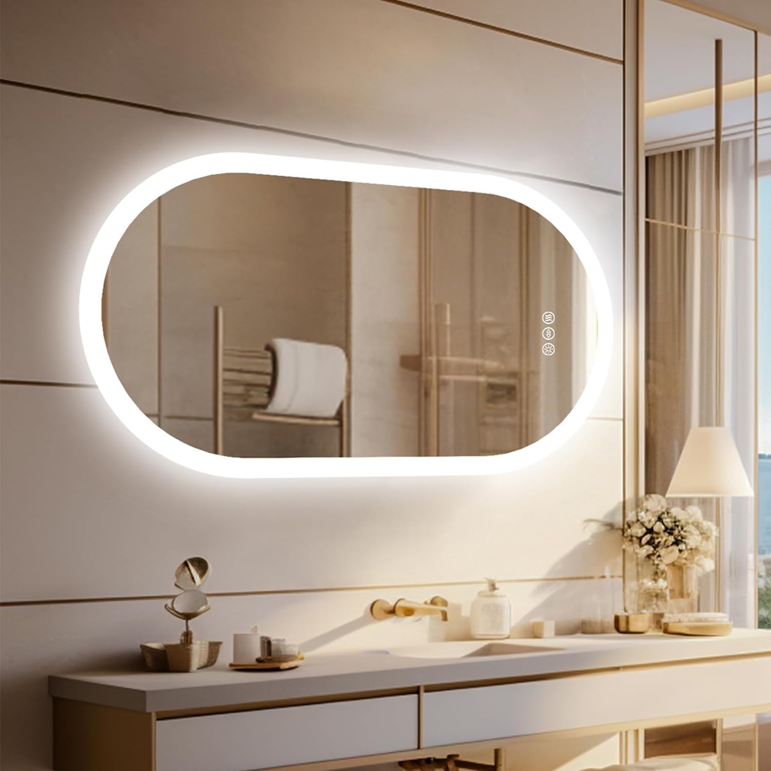 Photo 1 of LUVODI Lighted LED Bathroom Mirror: 48x24IN Wall Mounted Dimmable 3 Colors Makeup Mirror with Bright Back Lit - Smart Mirror Anti Fog with Touch Switch Memory Function for Restroom Bedroom Living Room