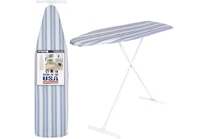 Ironing Board Full Size; MADE in USA by Seymour Home Products (Blue Stripe) Bundle includes Cover + Pad | Iron Board w/Steel T-Legs Adjustable Tabletop up to 36" High; Perforated Top for Steam Flow
