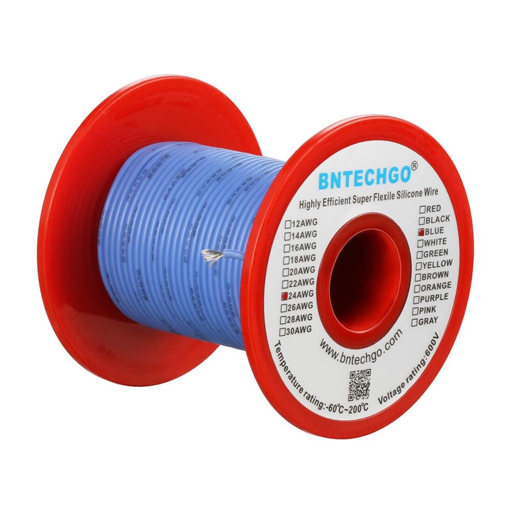BNTECHGO 24 Gauge Silicone Wire Spool Blue 100 ft Ultra Flexible High Temp 200 deg C 600V 24 AWG Silicone Rubber Wire 40 Strands of Tinned Copper Wire Stranded Wire for Model Low Impedance