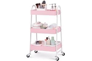 KINGRACK 3-Tier Metal Rolling Cart, Multi-Functional Storage Cart with Handle and Lockable Wheels, Utility Cart for Office, Bathroom, Kitchen, Pink