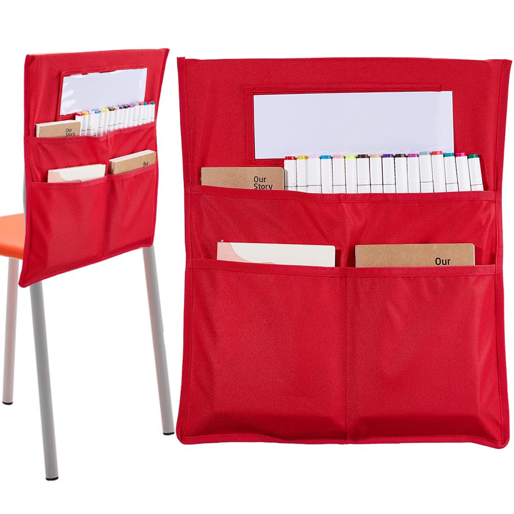 CRASPIRE Chair Buddy Storage Pocket 19 x 16.5in Chair Back Organizer Chart Red with Name Tag Label Slot Students Seat Chairback Multiple Pockets for School Home Classroom Preschool Daycare Supplies