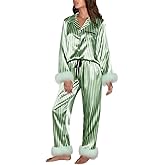 Meiweileya Women Valentines Pajama Sets Satin Silk Fur Trim 2 Piece Sleepwear Pjs Set Pants Valentine's Day Loungewear