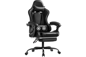 Shahoo Gaming Chair with Footrest and Massage Lumbar Support, Video Racing Seat Height Adjustable with 360°Swivel and Headrest for Office or Bedroom, Black