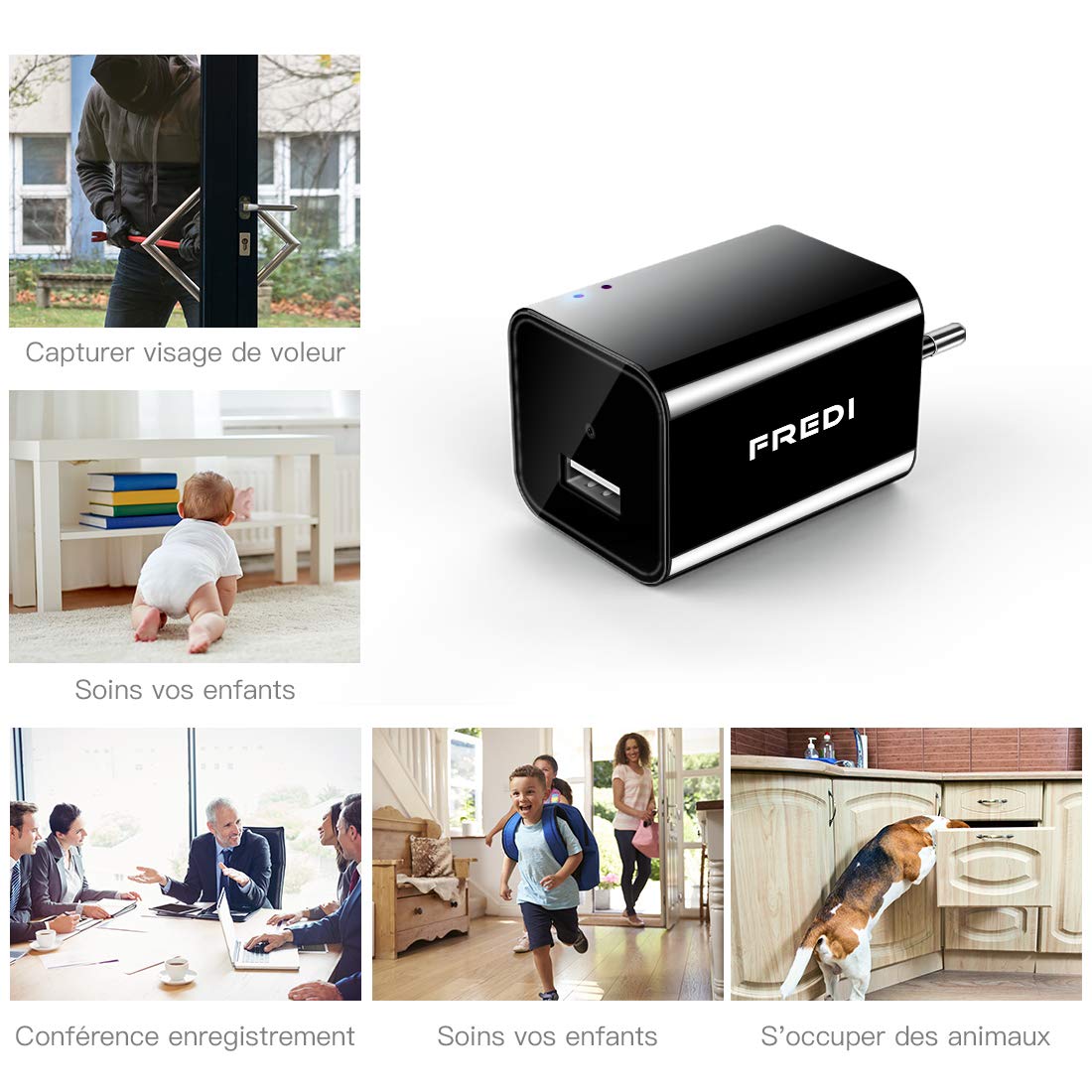 FREDI 1080P Mini Caméra Espion WiFi Caméscope Caché IP sans Fil Sécurité Caméra de Surveillance Chargeur USB Portable Détection de Mouvement (Jusqu\'à 128 Go)