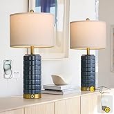 PoKat Touch Bedside Table Lamps with USB Ports for Bedroom, 25'' Dimmable Nightstand Touch Lamps for Living Room, Blue Cerami