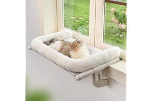 Zoratoo Cat Window Sill Perch with Large Bolster, Easy to Adjust & Assemble Cat Window Seat for Windowsill & Bedside, Cat Hammock Bed for Large Cats and Kittens (White, M)
