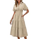 Wenrine Womens Summer Short Sleeve Maxi Dresses Casual V Neck Smocked Loose Tiered Flowy Shirt Dress with Pockets