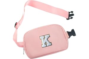 COSHAYSOO Pink Belt Bag Small Waist Fanny Pack Mini Crossbody Purse with Initial Letter Patch for Teen Girl Women Travel, Adjustable Strap Cross Body Chest Pouch Cute Graduation Gift (K)