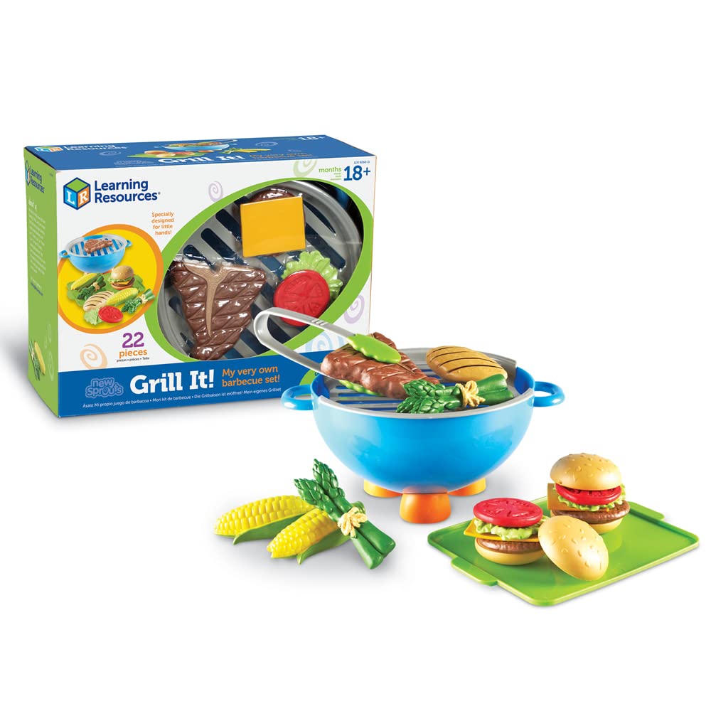 Learning Resources New Sprouts Grill It! Barbecue Set - Play Food for Kids, Kitchen Toys Accessories, Imaginative Play, Fine Motor Skills, Interactive Toddler Activities, Gifts for Boys and Girls