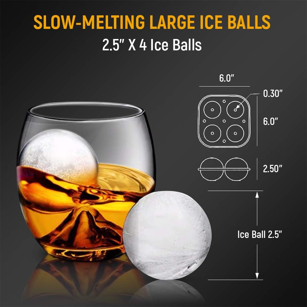 Cusbus Large Ice Cube Trays for Whiskey, 2.5" Flexible 4 Ice Balls Maker with Lids & 4 Bonus Funnels, BPA Free Round Silicone Ice Cube Molds, Reusable Sphere Ice Tray for Cocktail, Bourbon, Scotch: Kitchen & Dining