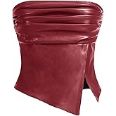 MakeMeChic Women's Leather Tops Strapless Concert Bandeau Crop Tube Tops Ruched Split Club Shirt