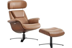 CHITA Genuine Leather Reclining Swivel Chair with Adjustable Headrest and Ottoman for Living Room, Saddle