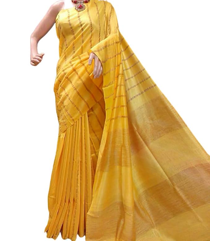 For Womens Bhagalpuri Kota Silk Gold Bunty Bably Saree With Striped And Running Blouse Piece