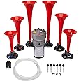FARBIN Musical Horn 6 Trumpet Music Sound Air Horn with Compressor Play Godfather Melody Red 12V 150db for Train Truck Car Boat RV UTV Motorcycle (Godfather)