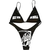 ANKOMINA Women Gothic Skull Letter Printed Two Piece Swimsuit High Cut Triangle Bikini Set for Rave Party Festival Halloween