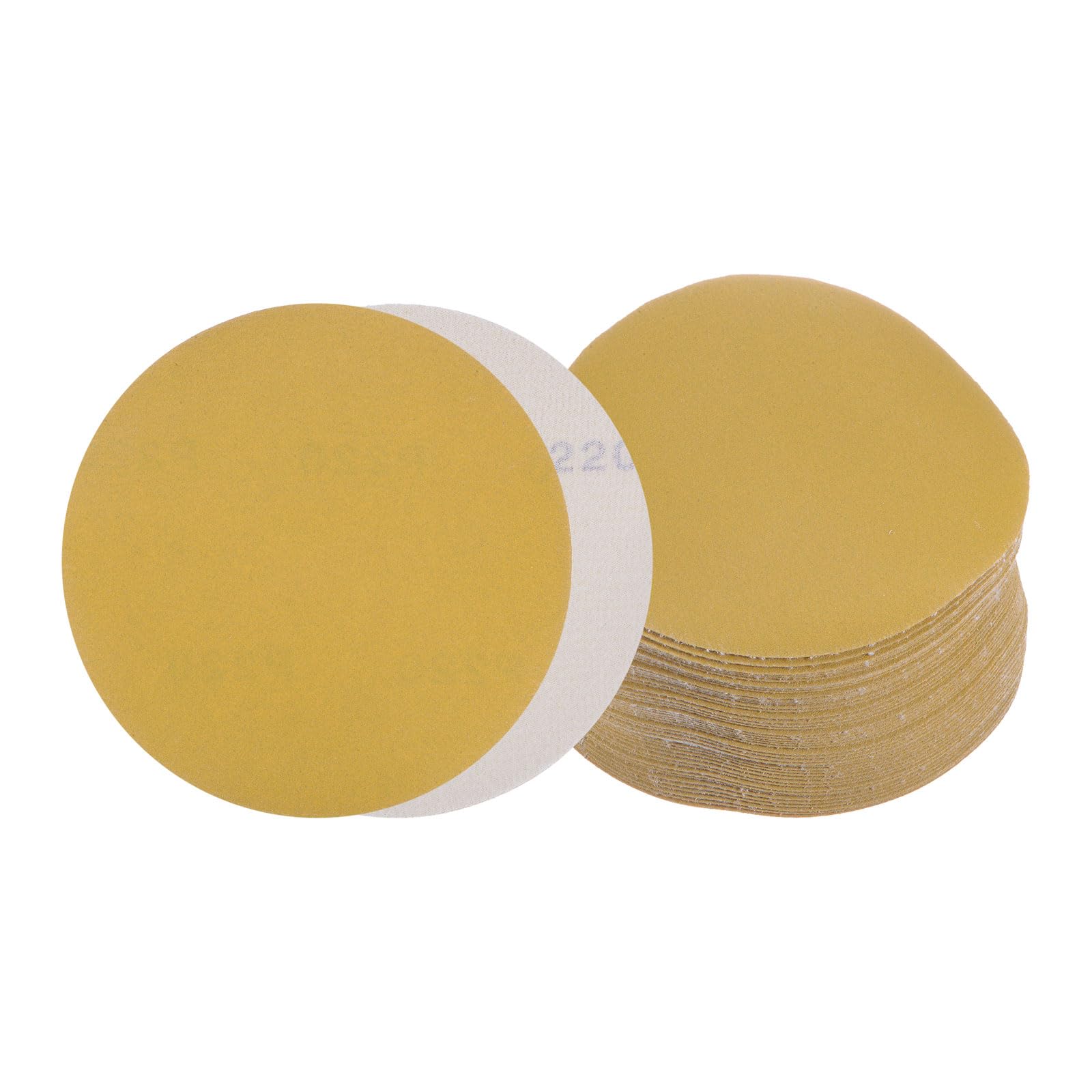 Kozelo 50pcs No Hole Sanding Discs- [ 6 Inch 220 Grit ] Round Hook and Loop Grip Sanding Pads Sheet Sandpaper for Automotive Woodworking Metal Polishing Use| Gold, Aluminum Oxide