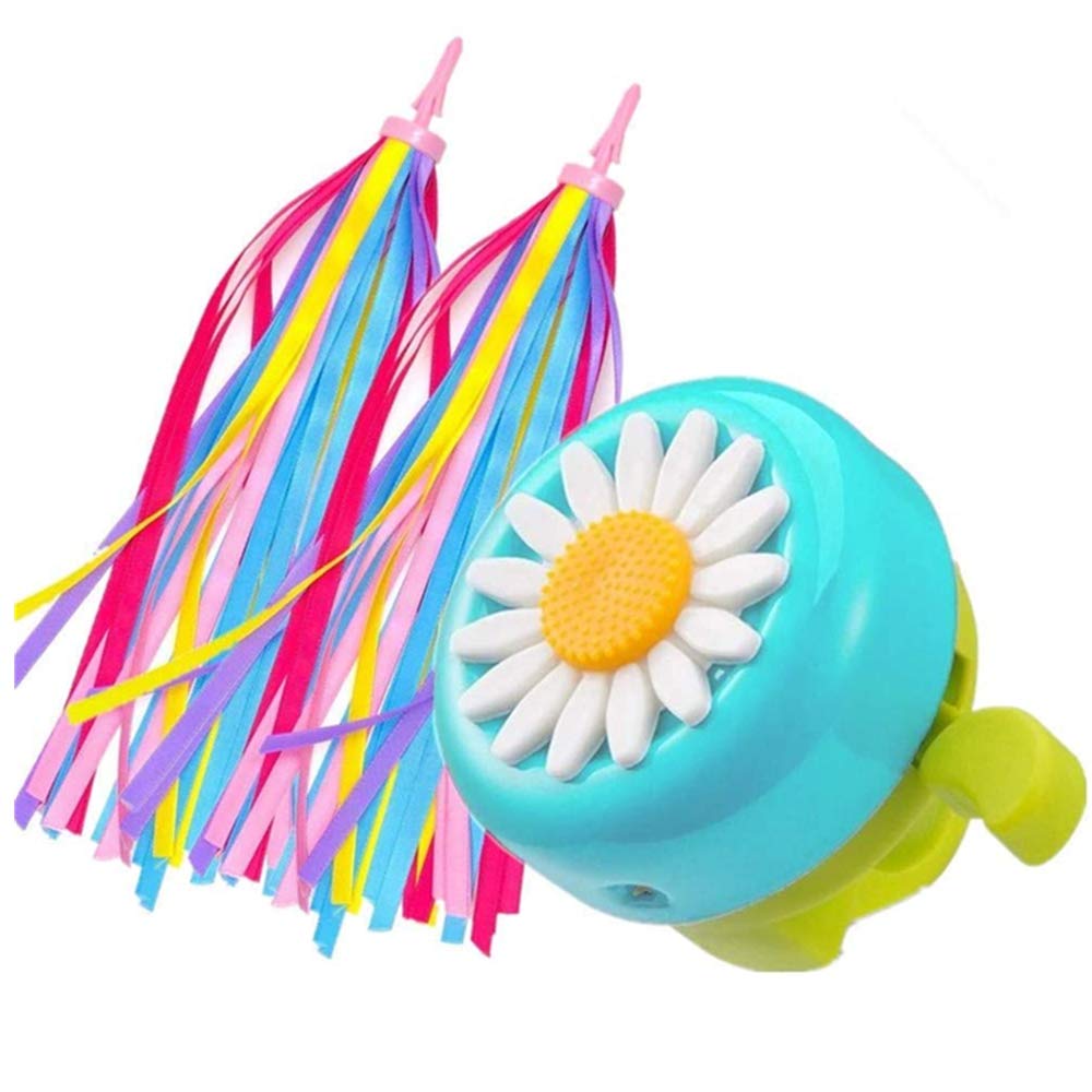 obqo 1 Pack Kids Bike Bell and 2 Pack Kids Bike Streamers for Children's Bike Accessories (Pink, Red, Purple & Blue) (New Blue & Green)