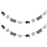 Vofrise Black and Rose Gold Congrats Grad Banner Graduation Decorations Class of 2026 Glitter Star Grad Cap Certificate Bunting Garland for Graduation Party Supplies