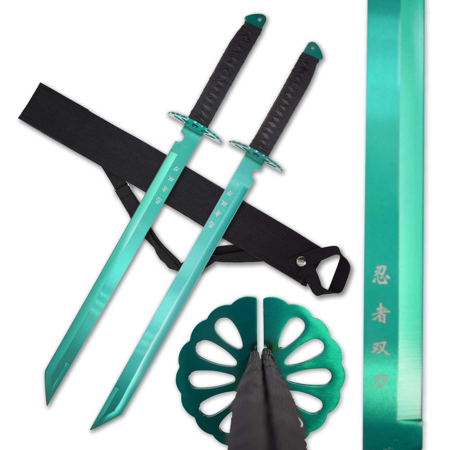 Twin Ninja Sword Set with Black Nylon Wrapped Handle, 28 Inch Overall, 18.25 Inch Stainless Steel Blade, Includes Shoulder Strap - HK-6183 Series (Green) Image