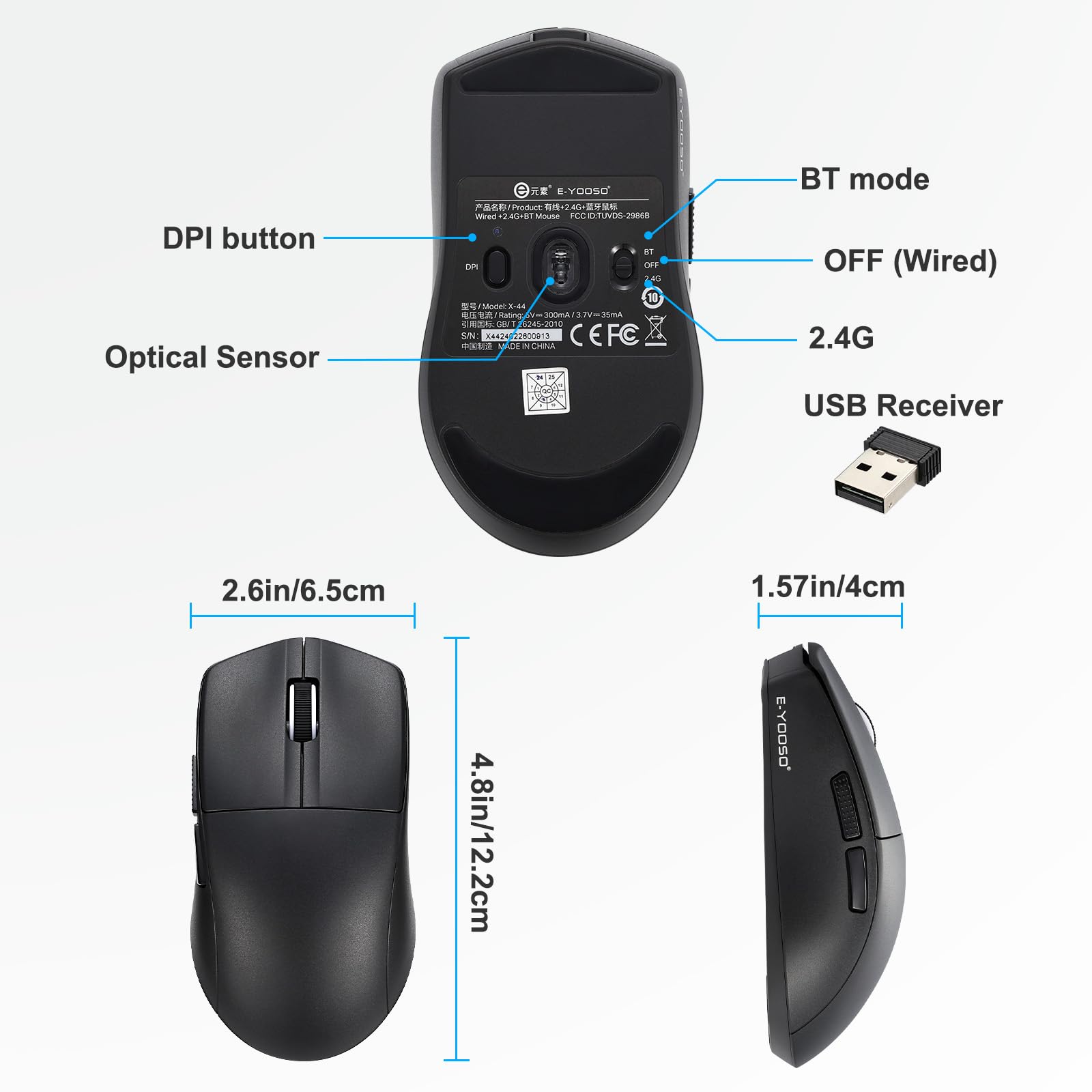HUO JI E-YOOSO Wireless Gaming Mouse, 49g Superlight, Bluetooth 5.1/2.4G/Wired, 26,000 DPI, 5 Programmable Buttons, 150 Hr Rechargeable Battery, Software Support for PC, Mac, Black