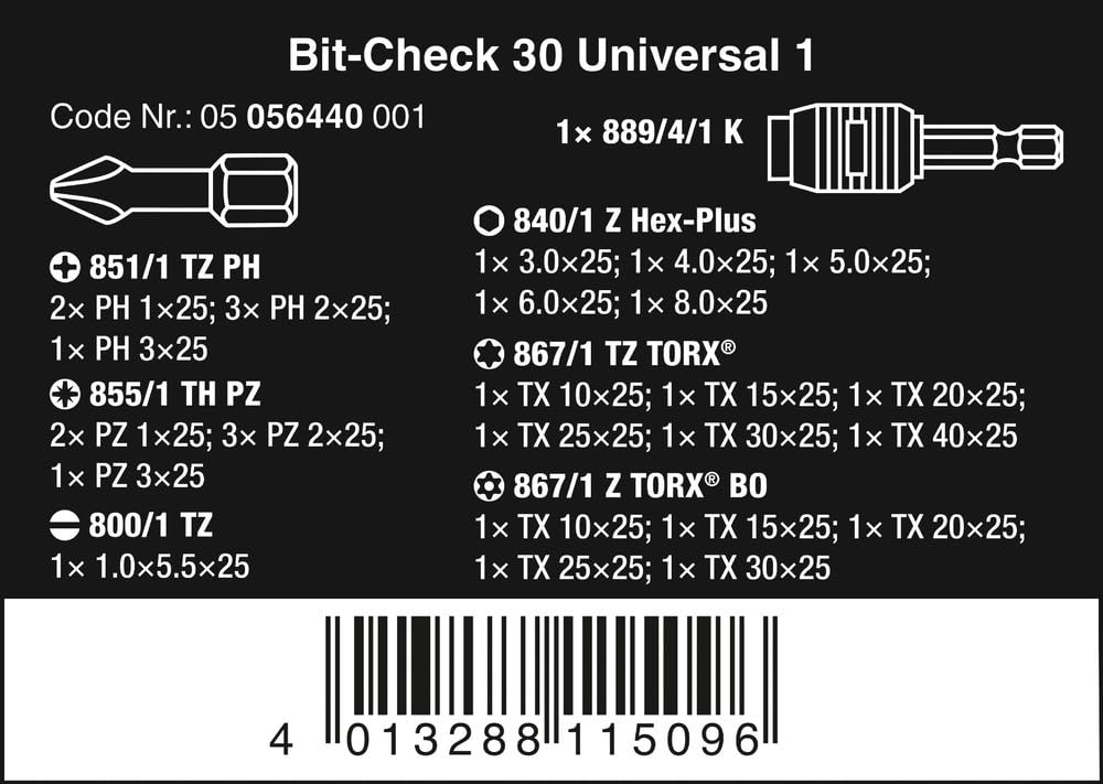 Wera Bit-Sortiment, Bit-Check 30 Universal 1, 30-teilig, 05056440001 2
