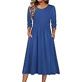 Zeagoo 3/4 Sleeve Women's Dress Casual Flowy A-Line Midi Tshirt Dresses with Pockets Crewneck Vocation Boho Beach Sundress