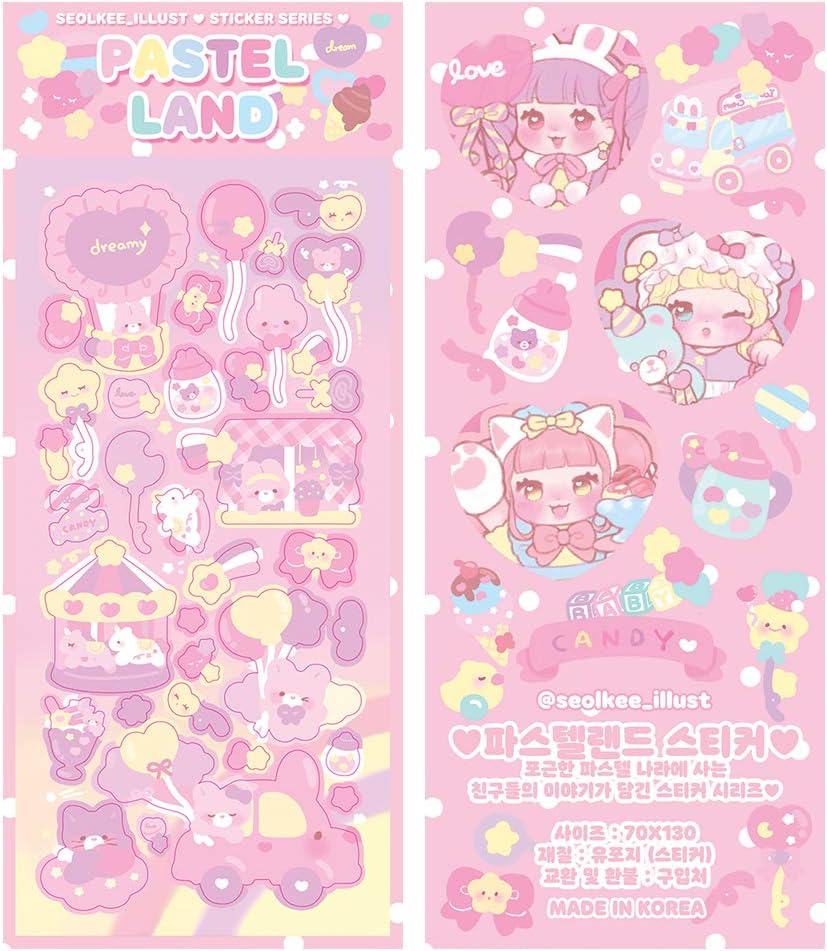 Amazon Seolkee 日本初上陸 ソルギー イラスト パステルランドパック コットンキャンディー ステッカー シール メモ帳 韓国 イラストレーター ピンク パープル フェアリー かわいい デザイン キャラクター 手帳 アルバム デコ 動物 うさぎ ハート ノート メモ帳