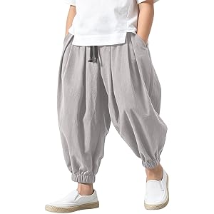 Boys Cotton Linen Pants Pull On Uniform Pants Baggy Joggers Casual Beach Hippie Yoga Harem Japanese Trousers with Pockets