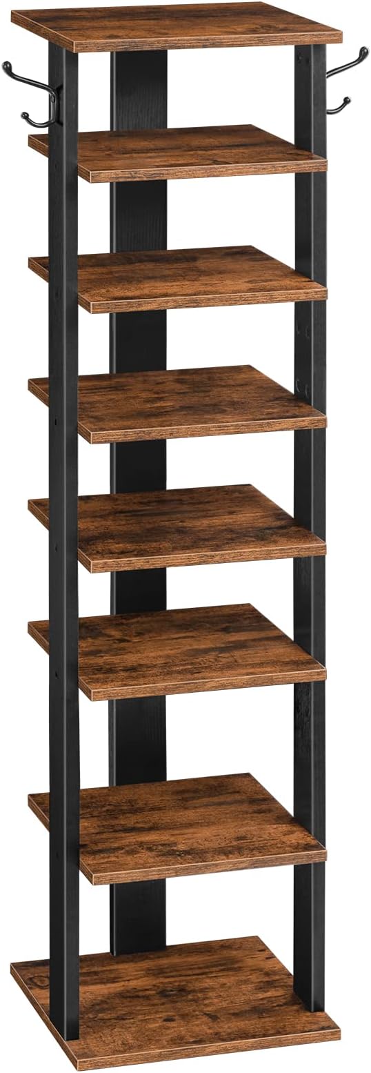 HOOBRO Tall Shoe Rack Vertical Organizer 8-Tier Narrow Rustic Brown EBF07XJ01G1
