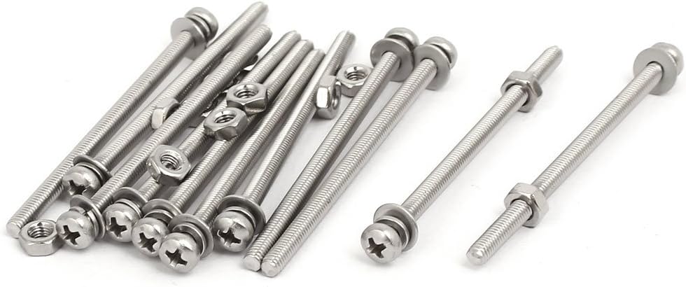 sourcingmap M3x50mm 304 Stainless Steel Phillips Pan Head Bolt Screw Nut w Washer 12 Sets, Silver