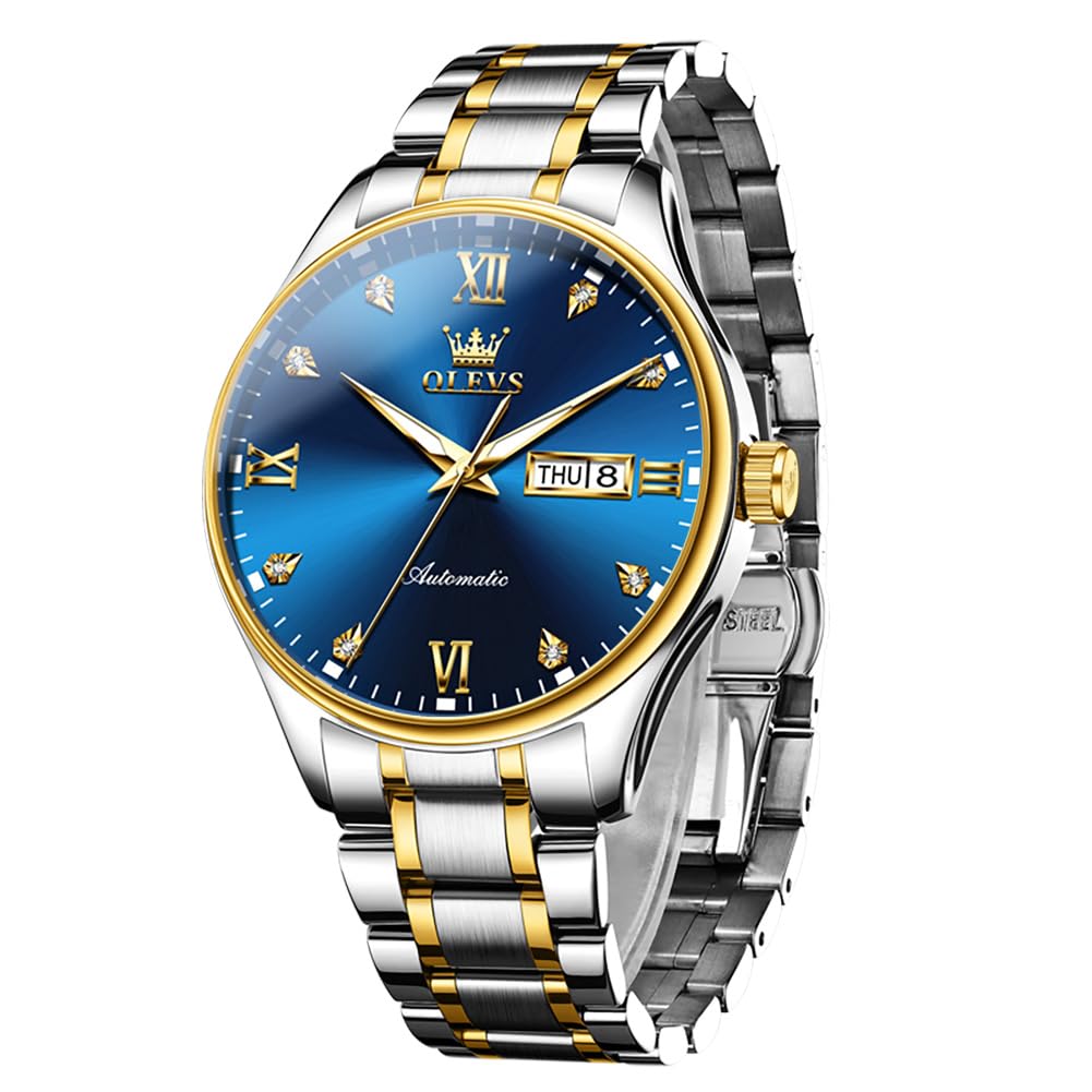 Photo 1 of OLEVS Watch for Men Automatic Mechanical Self Winding Two Tone Stainless Steel Diamond Business Calendar Waterproof Wrist Watch Blue Dial