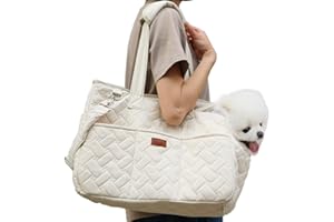 H.S.C PET PRODUCE HSC PET Beige Small Dog Bag Woman,Cat Carrier Quilted Pet Soft Sided Leisure Pups Totes Traveling Go to Vet,Pet Function Handbag with 3 Pockets,12 lbs Puppy/15 lbs Cat or Kittens