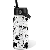 Cat Gifts for Kids - 16oz Black Cat Water Bottle with Straw Lid, Stainless Steel Insulated Bottle, Leak Proof, BPA-Free, for Boys, Girls, School - Black and White Cat Gifts Cats Lovers Gift Cup(1pc)