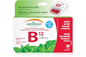 Jamieson Vitamin B12 1,000 mcg Fast Dissolve Strips Natural Mint Flavour, Methylcobalamin, Supports Energy Production and Met