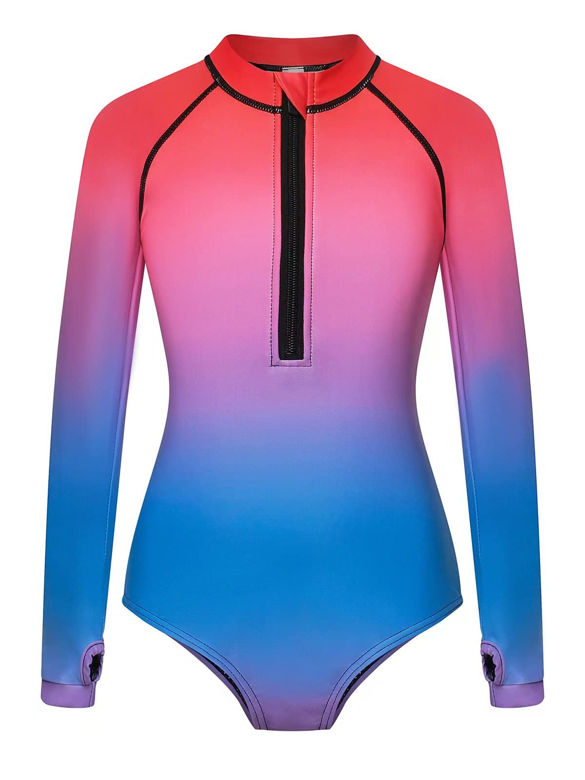 Photo 1 of Girl Long Sleeve One Piece Swimsuit: UV UPF 50+ Sun Protection Zip Swimsuit Bathing Suit Rainbow Color 9 10 11 Years