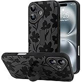 BF2JK for iPhone 16 Case with Finger Hand Strap Kickstand, Cute Aesthetic Floral Flower Phone Case for Women Men, Full Camera Protection Shockproof Cover, Black