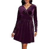 Jayscreate Women's 2024 V Neck Velvet Dress Pocket Long Sleeve Fall Winter Wrap Tunic Short Party Wedding Guest Dress