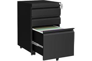 HOMSTEEL 3 Drawers File Cabinet, Metal Filing Cabinet with Lock, Mobile File Cabinet, Fully Assembled Except Casters, for Home Office, for A4, Letter, Legal File Folders, Black
