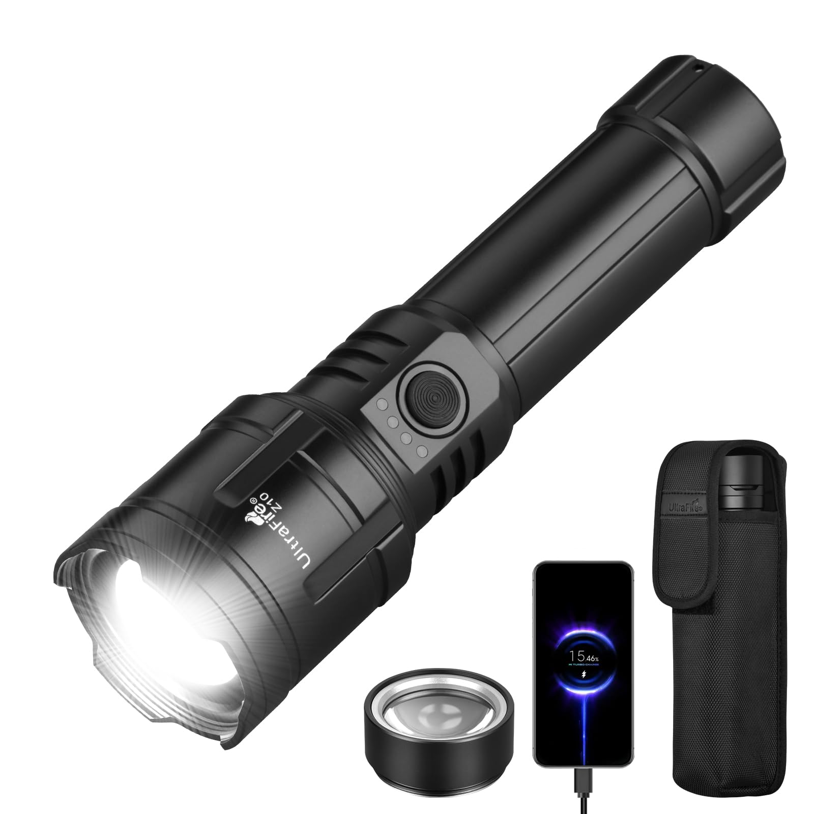 Photo 1 of ULTRAFIRE Flashlights High Lumens with Ignition Lens, 1500 LM Super Bright Zoomable Tactical Flashlight with Holster, Reverse Charging, 3 Modes LED Rechargeable Flash Light for Camping, Emergency