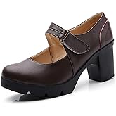 DADAWEN Women's Leather Classic Mid Heel Mary Jane Square Toe Oxfords Platform Dress Pumps Shoes