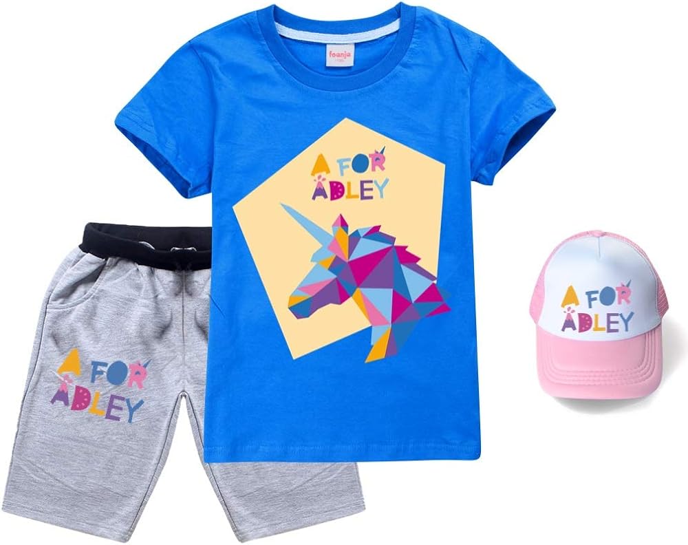 Kids A for Adley Clothes Set Cartoon Characters Shorts+ t Shirt+ Adjustable Hat Boys Girls