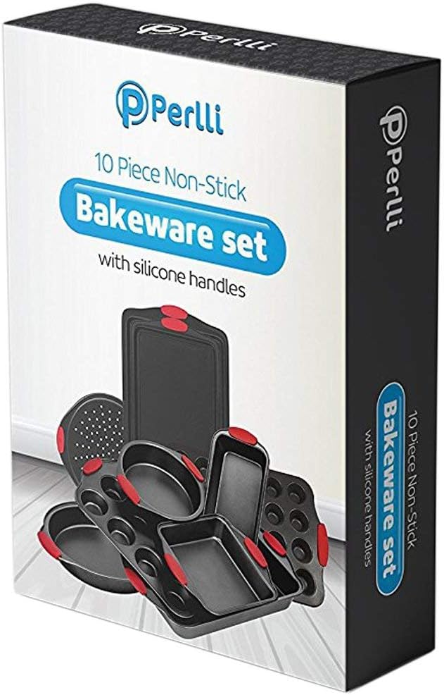 Perlli 10-Piece Nonstick Carbon Steel Bakeware Set With Red Silicone Handles | |Metal, Reusable, Quality Kitchenware For Cooking & Baking Cake Loaf, Muffins & More: Kitchen & Dining