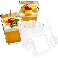Tosnail 50 Pack 5 Oz Tall Square Clear Plastic Dessert Tumbler Cups with 50 Pieces Plastic Lids and 50 Pieces Plastic Tasting