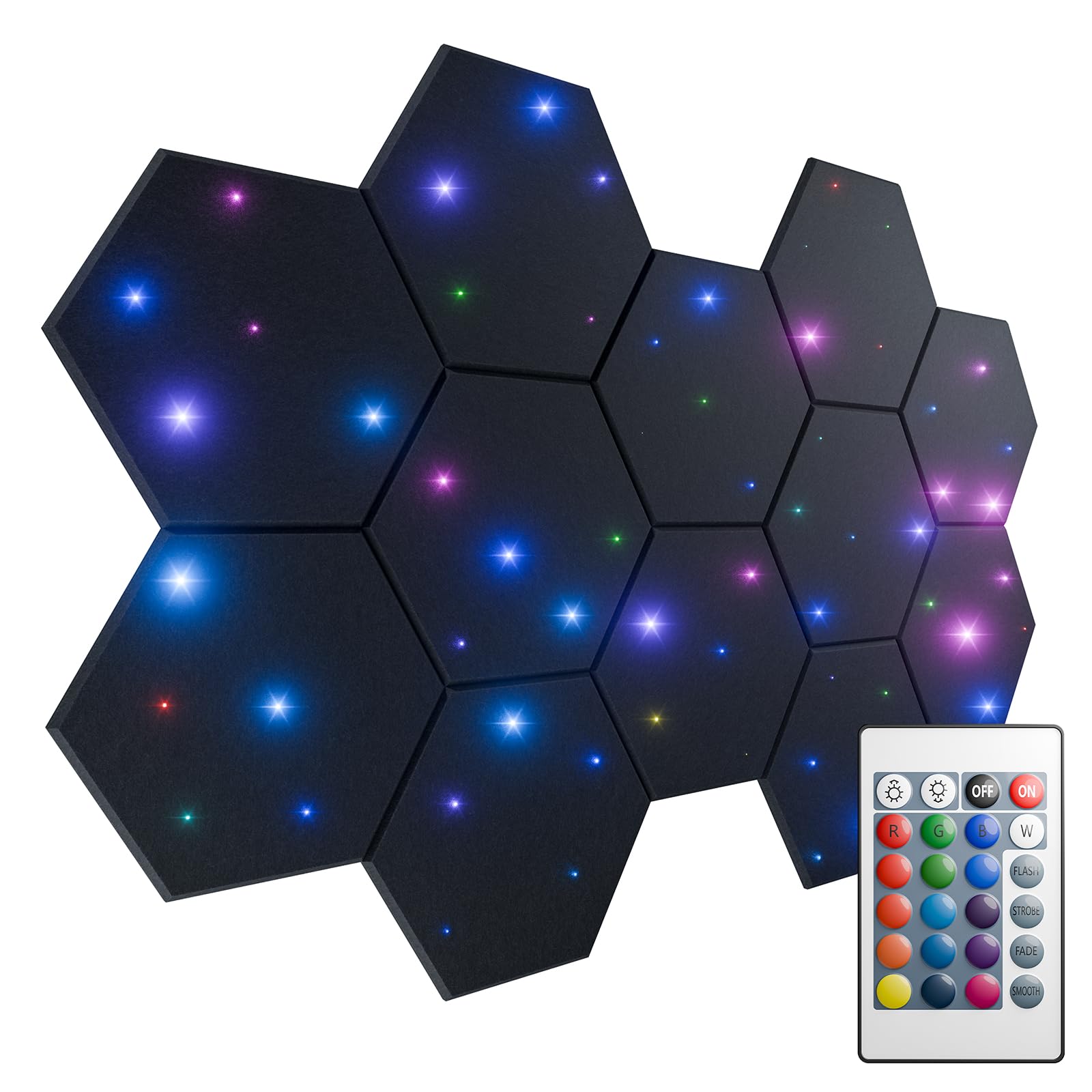 Photo 1 of ZenSonic 12 Pack Self-adhesive Sound Proof Foam Panels for Walls 12" X 10" X 0.4" - Hexagon Acoustic Panels with Fiber Optic Starlight, Stylish Soundproof Wall Panels Absorb Noise and Wall Decor Black