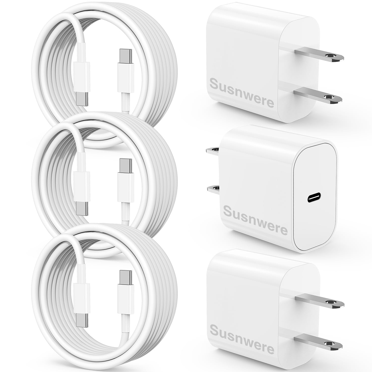 Susnwere iPhone 15 Charger 6 Ft with 20w USB C Charger Block,3-Pack 20W Fast Wall Charger for 15/15 Pro/Pro Max/iPad Pro AirPods/Samsung and More, with 3 Pack 10ft USB-C Cable
