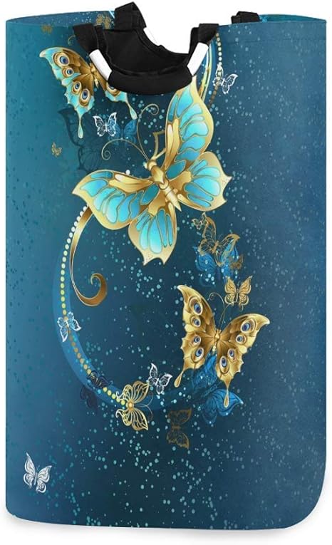 N\A Mariposas Doradas de Lujo en Azul, Canasta de lavandería para niños